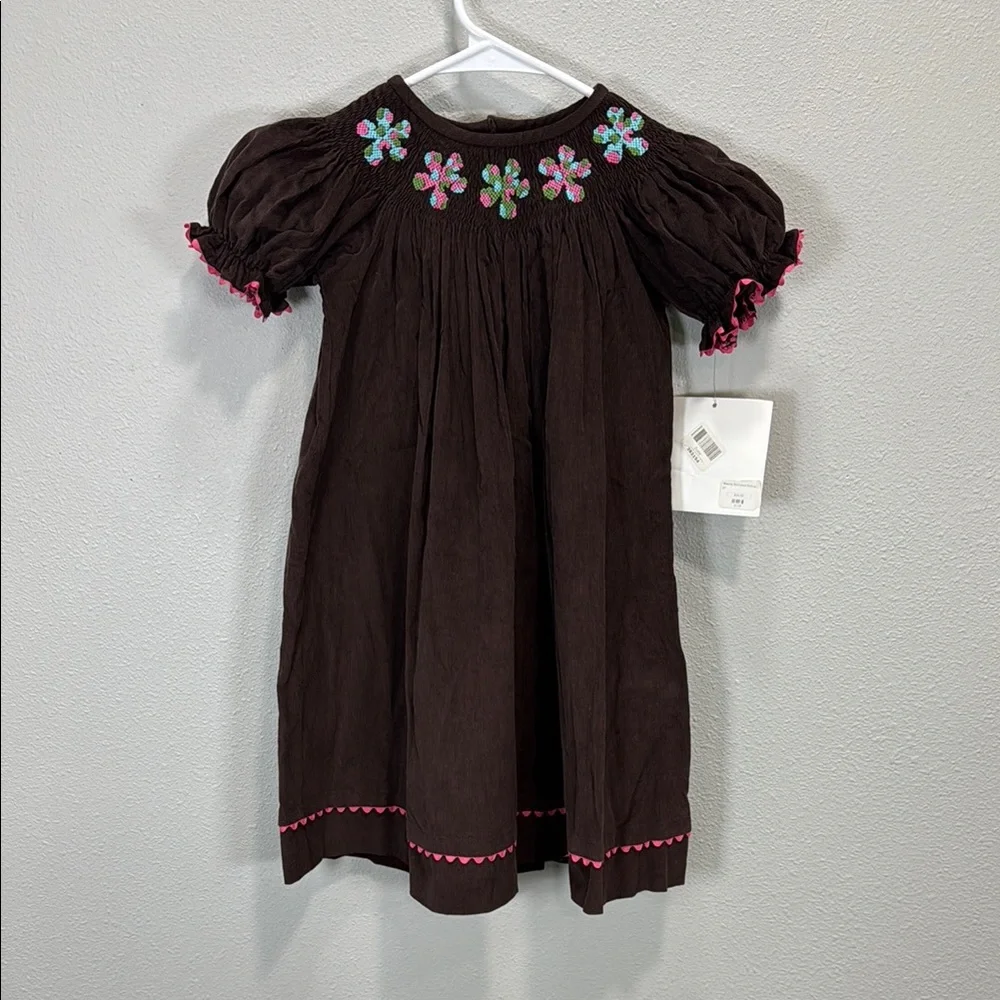 Castles & Crowns‎ Brown Smocked corduroy Sundress with Pink Floral Embroidery